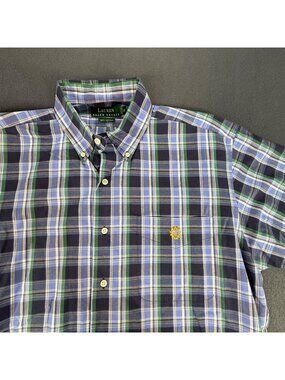 Ralph Lauren Men's Button-Down Shirt MED Green Plaid Short Sleeves Logo Cotton